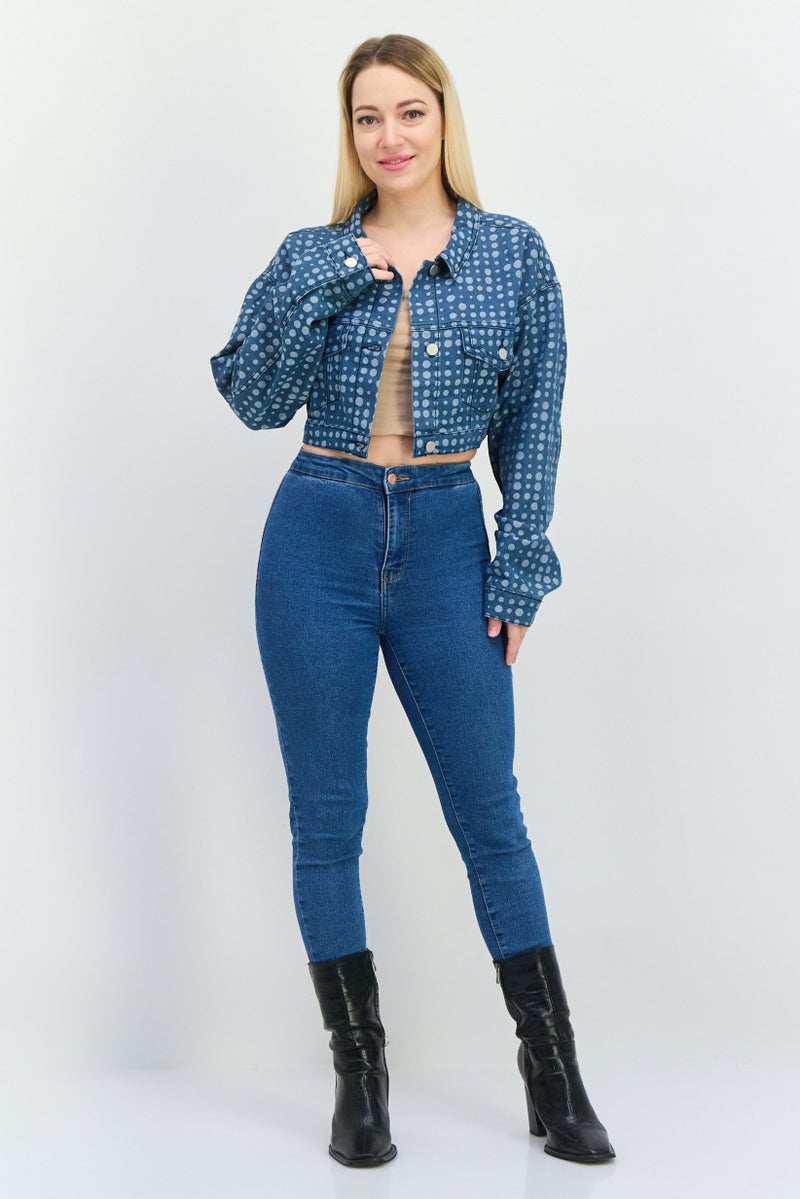 The Kript Women Polka Dot Denim Jacket, Navy - Image 2
