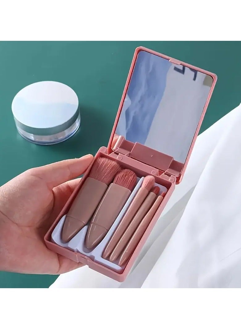 Mini Travel Makeup Brush Set With Mirror - Portable Cosmetic Kit For All Skin Types - Includes Powder Brush, Foundation Brush, Eyeshadow Brush, Lip Blending Brush - Unscented, Nylon Bristles, ABS Handle - Image 2