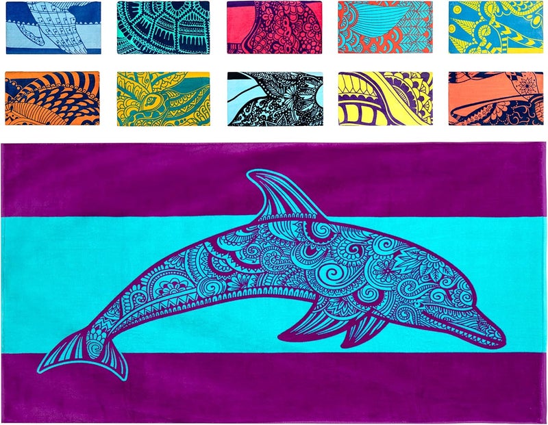 Nova Blue Dolphin Beach Towel – Tropical Blue & Purple Colors with A Unique Design, Extra Large, XL, Pool Towels (34”x 63”) Made from 100% Cotton Classic trendy design picks - Image 1
