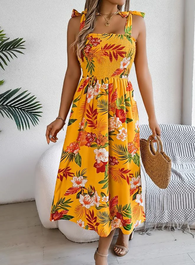 Take Two Mustard Tropical Print Midi Dress