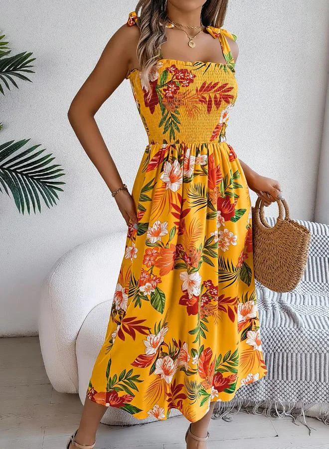 Take Two Mustard Tropical Print Midi Dress