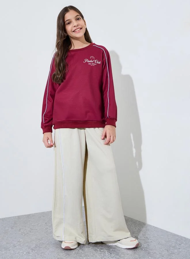 Styli Teen Girls Beige Side piping Detail Wide Leg Joggers