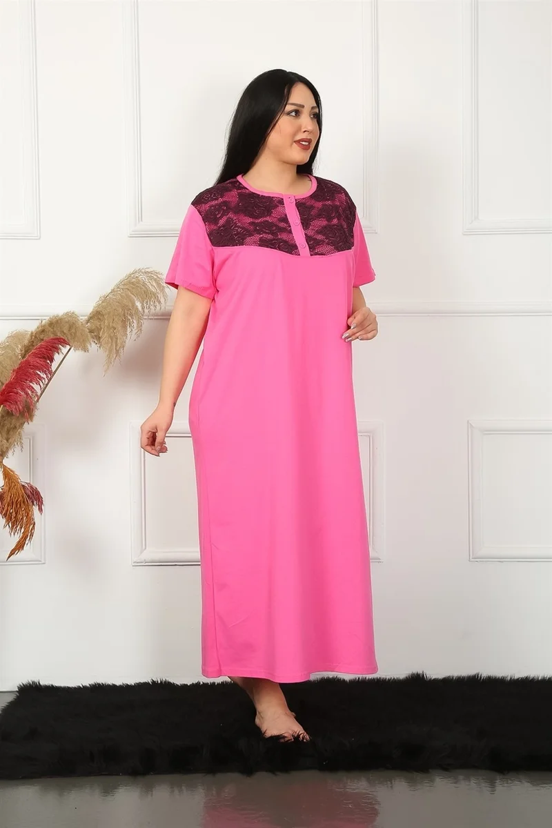 Akbeniz Big Lace Short Sleeve Fuchsia Mother Nightgown 1348