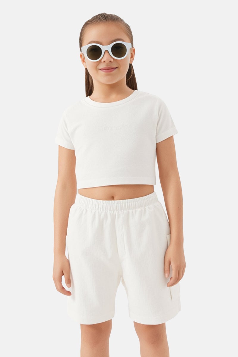 Fudo Toddllers Girls 3 Piece Brand Logo Top And Bottom With Sunglasses Set, White - Image 1