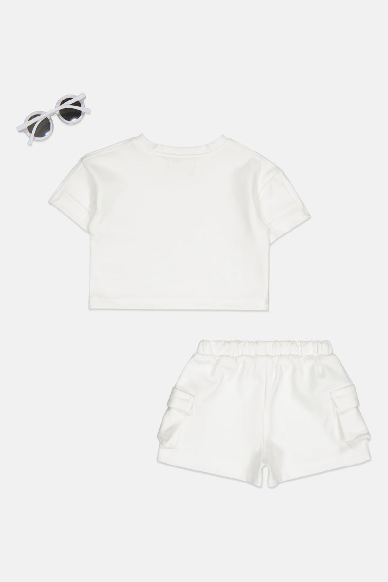 Fudo Toddllers Girls 3 Piece Brand Logo Top And Bottom With Sunglasses Set, White - Image 3