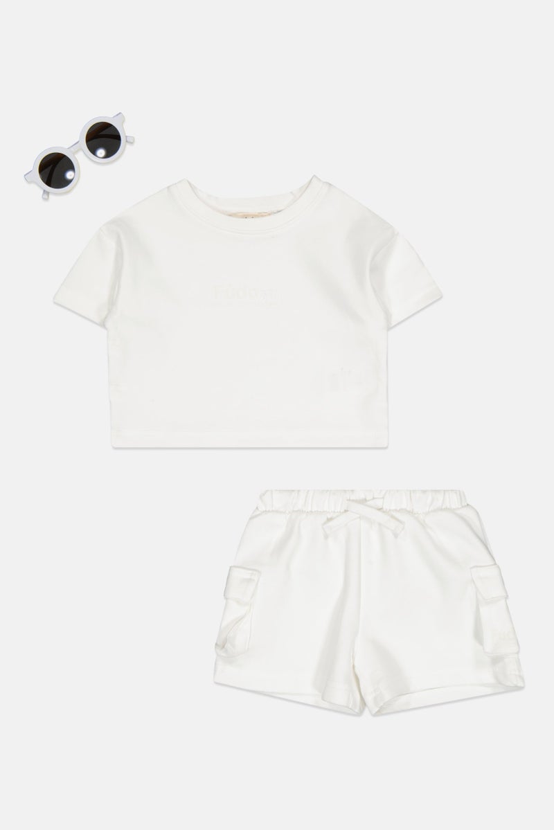 Fudo Toddllers Girls 3 Piece Brand Logo Top And Bottom With Sunglasses Set, White - Image 2