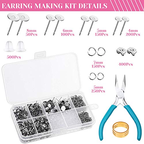 Caffox Hypoallergenic Earring Posts and Backs, 1800pcs Stainless Steel Stud Earring Kit with Earring Base Studs, Earring Backs and Jump Rings for Clay, Resin, Pearls, Jewelry Making and Crafting - Image 4