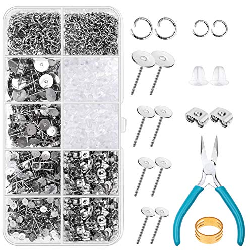 Caffox Hypoallergenic Earring Posts and Backs, 1800pcs Stainless Steel Stud Earring Kit with Earring Base Studs, Earring Backs and Jump Rings for Clay, Resin, Pearls, Jewelry Making and Crafting - Image 1