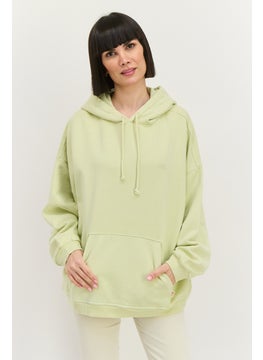 Women Embroidered Long Sleeves Hooded Sweatshirt, Mint Green