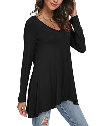 POPYOUNG Women's Long Sleeve Tunic Tops Fall Shirts to Wear with Leggings Loose Fit Dressy V-Neck Blouse M-5XL XL, Black - Image 2