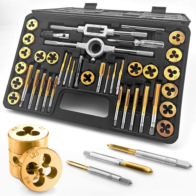 Azuno 40PCS Metric Tap and Die Set Titanium Coated GCr15 Bearing Steel with THandleWrenchGaugeScrewdriver in Storage Case Essential Threading