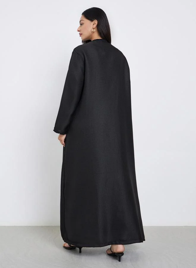 Amirah Black Black Tweed Look Abaya with Frayed Edge for Women | Best Price UAE