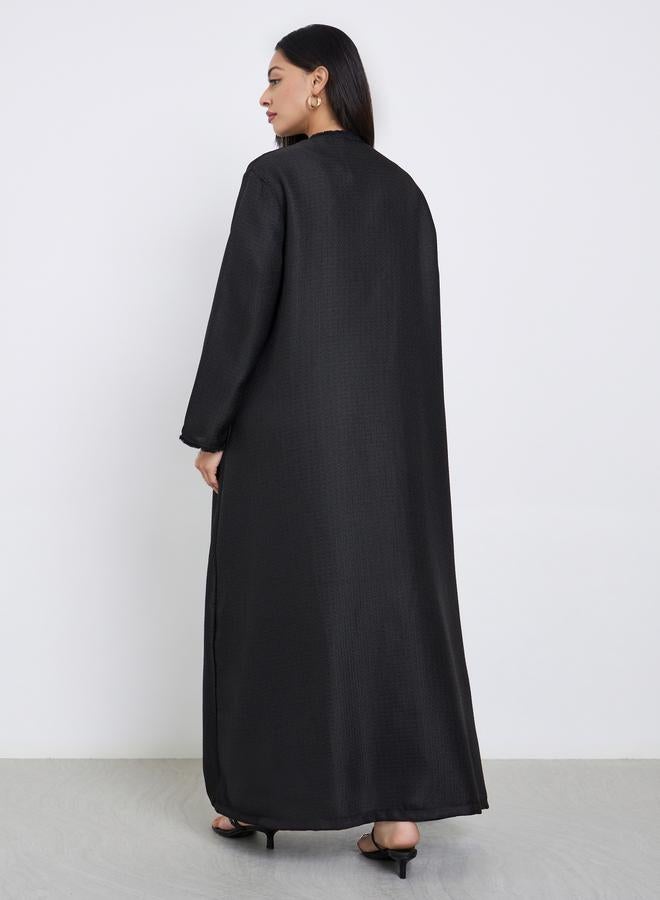 Amirah Black Tweed Look Abaya with Frayed Edge - Image 5