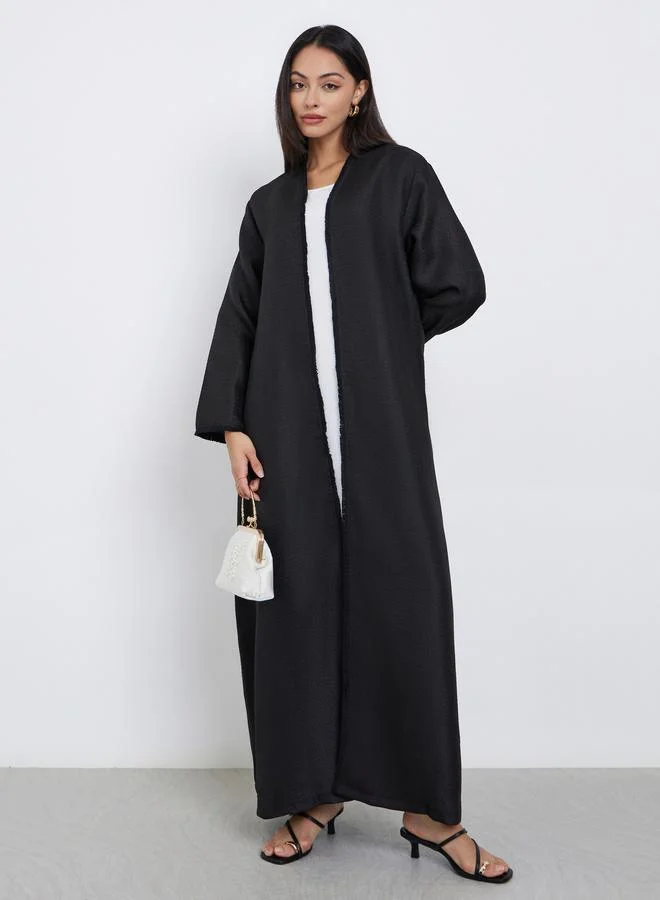 Black Tweed Look Abaya with Frayed Edge