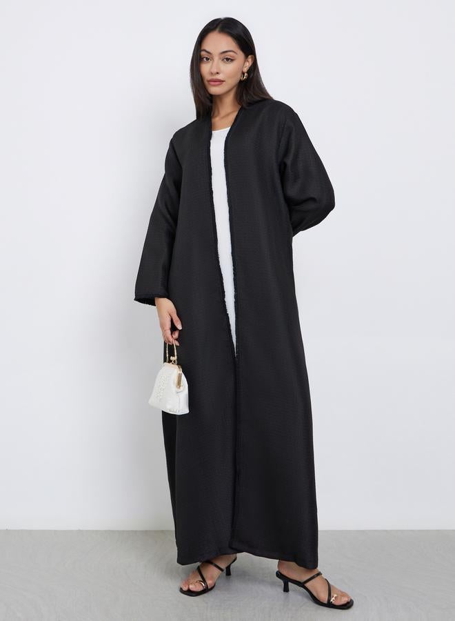 Amirah Black Tweed Look Abaya with Frayed Edge - Image 1