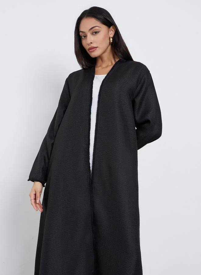 Amirah Black Black Tweed Look Abaya with Frayed Edge for Women | Best Price UAE