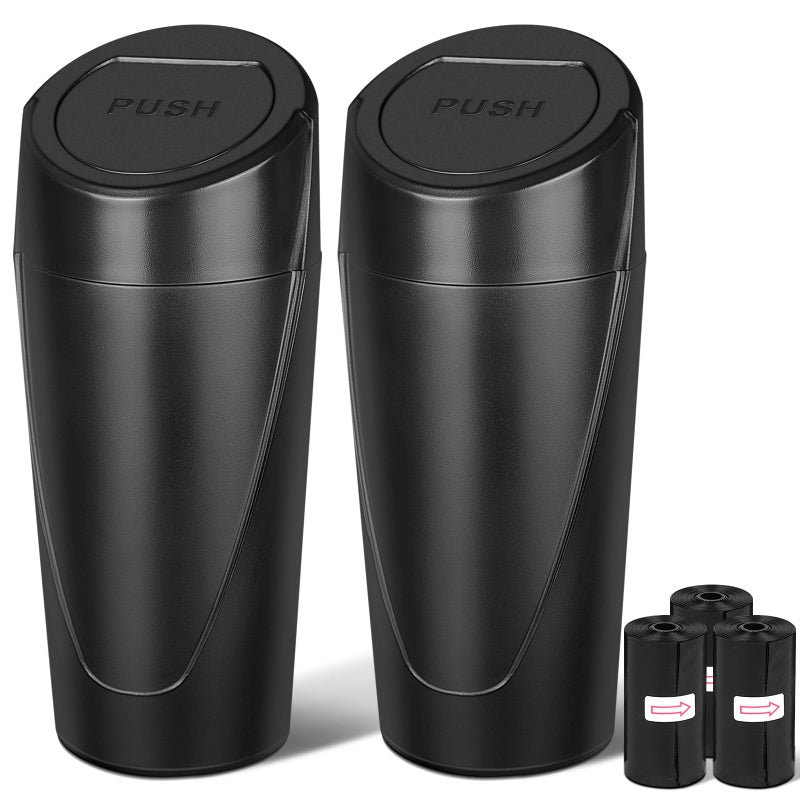 Kincown Car Trash Can, 2 Packs Mini Car Trash Bin with Lid, Leakproof Cup Holder Car Garbage Can with 60 Trash Bags, Vehicle Front Back Seat Organizers and Storage for Car, Home, Office, Black - Image 1