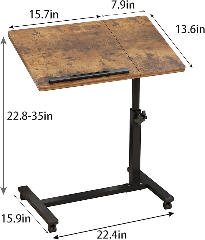 CENXI Table Lap Desk for Laptop Rolling Cart Tilting Overbed Bedside Table Overbed Desk Overbed Table with Wheels Adjustable Laptop Stand Sofa Side Table (Brown) - Image 3