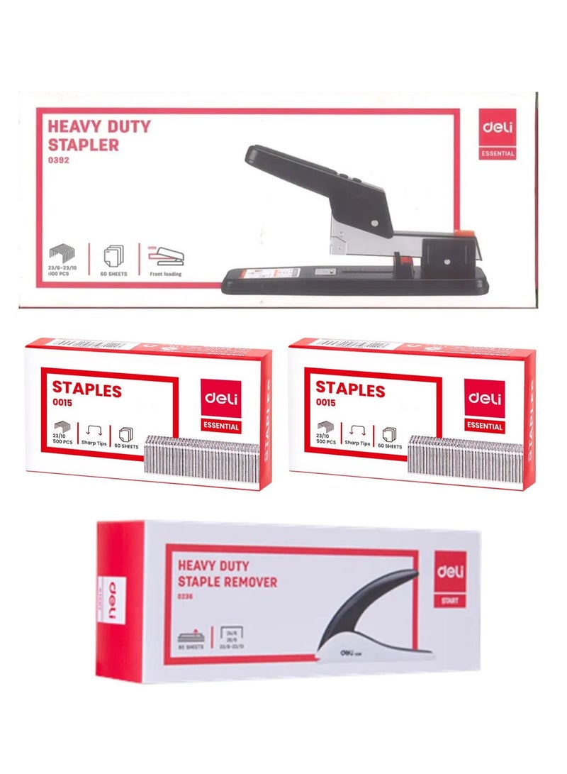 Deli 60- Sheet Capacity Heavy Duty Stapler With Staple Remover And Two Packs of Pins - Image 1