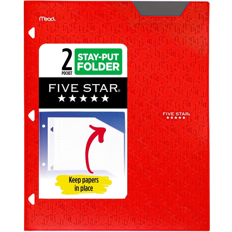Five Star 2-Pocket Folder, Plastic Folder with Stay-Put Tabs, Fits 3 Ring Binder, Holds 8-1/2" x 11" Paper, Red (333420D-ECM) - Image 1
