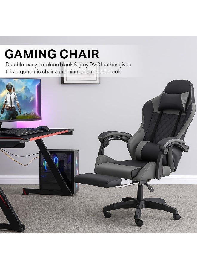 Multi Home Furniture Black & Grey Gaming Chair – Ergonomic Chair with Footrest, Lumbar Support & Back Support – PVC Leather Swivel Chair for Office or Gaming – Best Gaming Chair for Long Sessions - Image 2