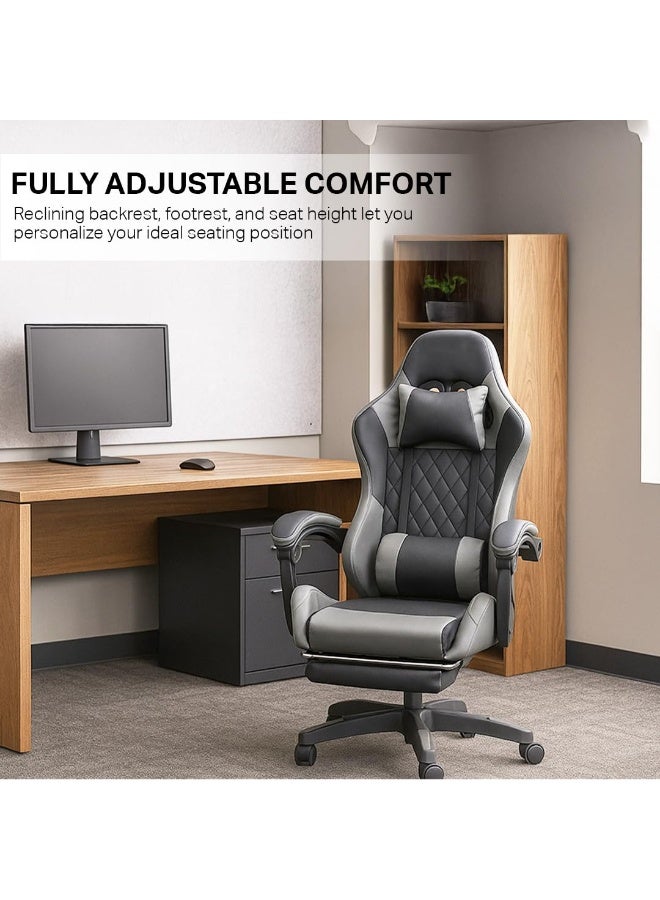 Multi Home Furniture Black & Grey Gaming Chair – Ergonomic Chair with Footrest, Lumbar Support & Back Support – PVC Leather Swivel Chair for Office or Gaming – Best Gaming Chair for Long Sessions - Image 3