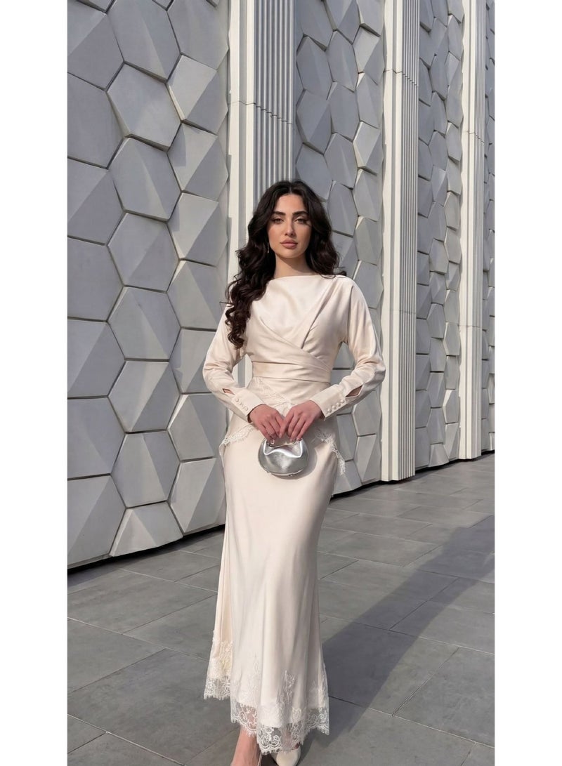 Women Satin Lace Trim Modest Maxi Dress, Boat Neck Long Sleeve Wrap Waist Mermaid Evening Long Dress - Image 2