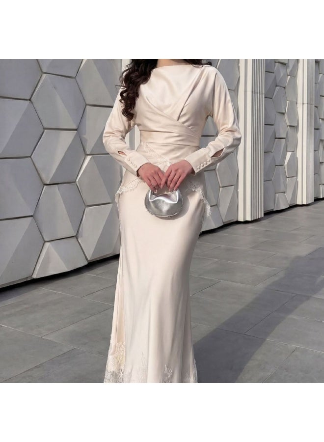 Women Satin Lace Trim Modest Maxi Dress, Boat Neck Long Sleeve Wrap Waist Mermaid Evening Long Dress - Image 1