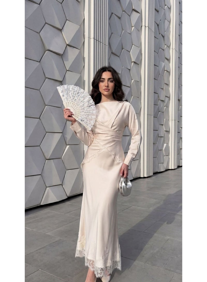 Women Satin Lace Trim Modest Maxi Dress, Boat Neck Long Sleeve Wrap Waist Mermaid Evening Long Dress - Image 3