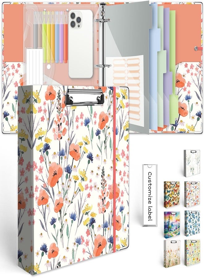 KLLVE Mini Binder Organizer，1 Inch 3 Ring Binder with Clipboard, 5-Tabs Pockets Dividers, Plastic Folder, 18 Divider Stikers, Pen Loop (Flora, Letter Size) - Image 1