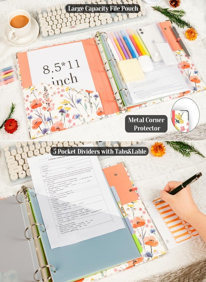 KLLVE Mini Binder Organizer，1 Inch 3 Ring Binder with Clipboard, 5-Tabs Pockets Dividers, Plastic Folder, 18 Divider Stikers, Pen Loop (Flora, Letter Size) - Image 3