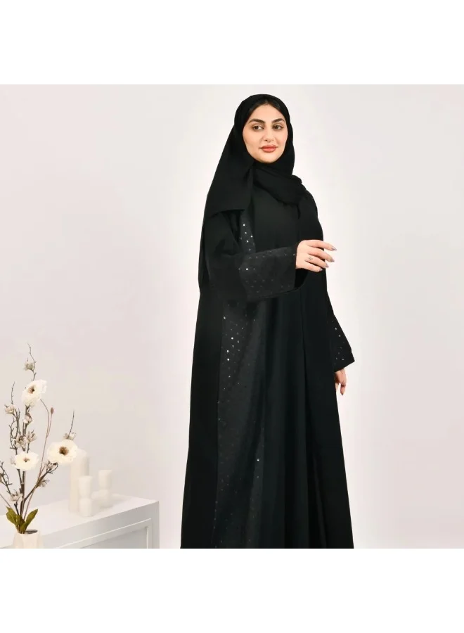 lamha abaya Elegant and practical black wrap abaya with jacquard fabric inserts decorated with sequins