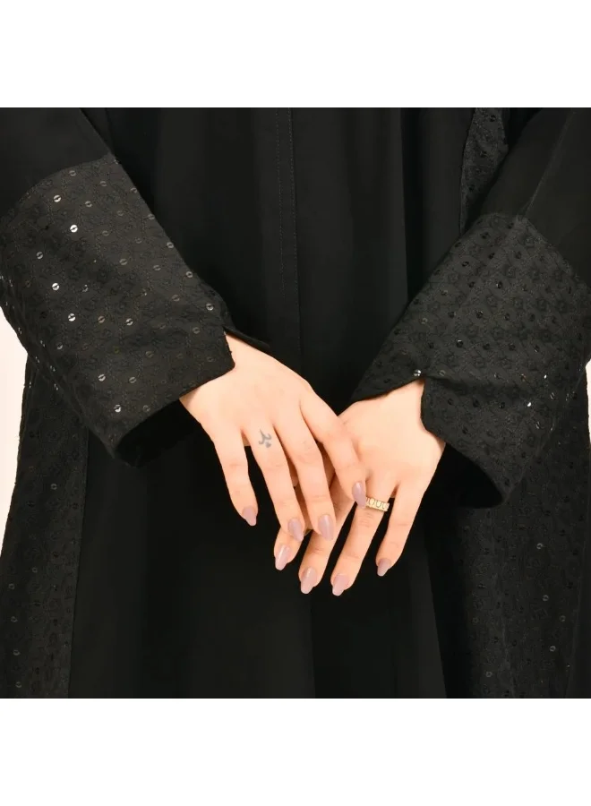 lamha abaya Elegant and practical black wrap abaya with jacquard fabric inserts decorated with sequins