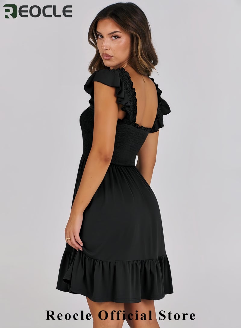 Women's Summer Casual Sleeveless Square Neck Dress Smocked Ruffle Backless Boho Beach Cute Teen Short Sundress
