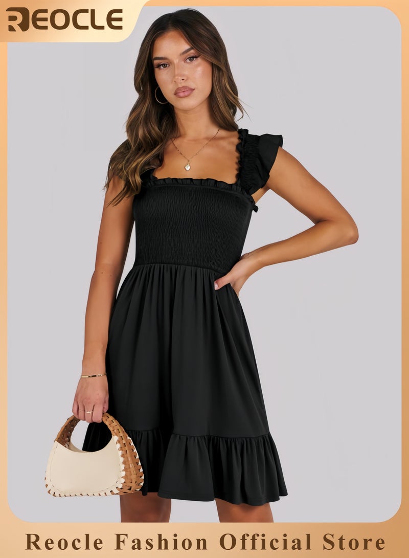 Women's Summer Casual Sleeveless Square Neck Dress Smocked Ruffle Backless Boho Beach Cute Teen Short Sundress