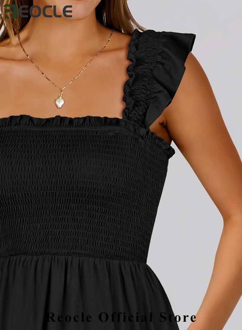 Women's Summer Casual Sleeveless Square Neck Dress Smocked Ruffle Backless Boho Beach Cute Teen Short Sundress