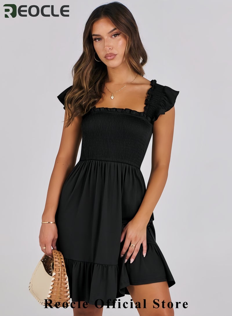 Women's Summer Casual Sleeveless Square Neck Dress Smocked Ruffle Backless Boho Beach Cute Teen Short Sundress