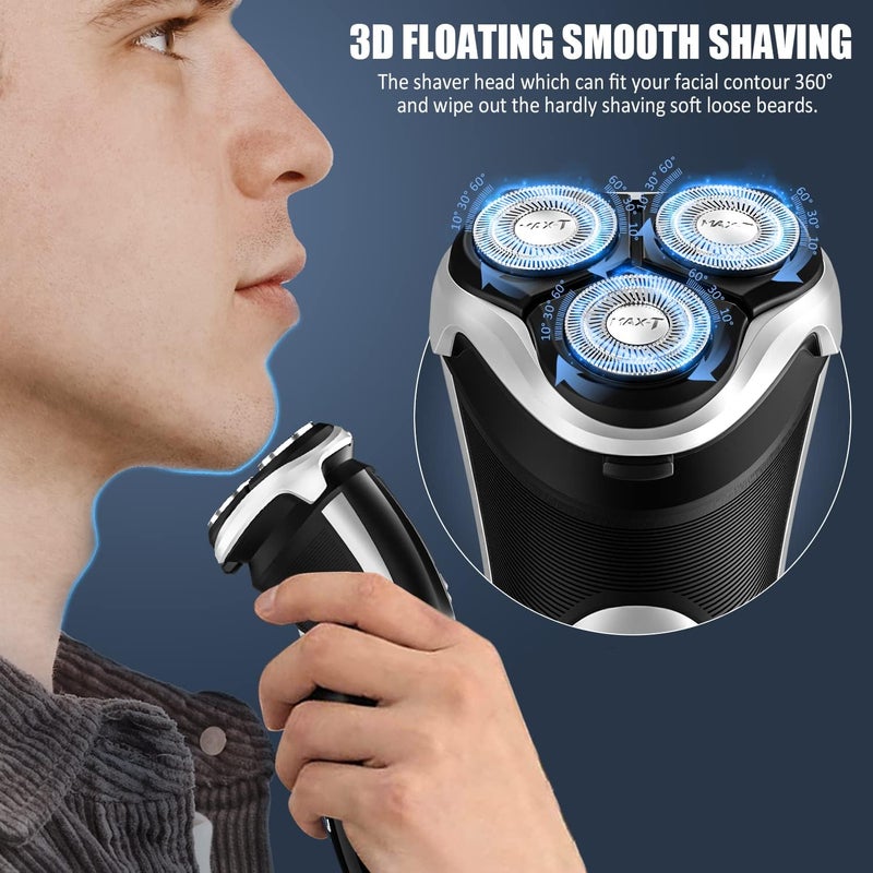 MAX-T Men's Electric Shaver - Corded and Cordless Rechargeable 3D Rotary Shaver Razor for Men with Pop-up Sideburn Trimmer Wet and Dry, IPX7 Waterproof, Plug & Play - Image 3