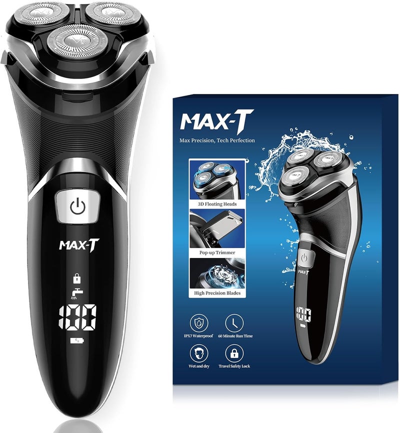 MAX-T Men's Electric Shaver - Corded and Cordless Rechargeable 3D Rotary Shaver Razor for Men with Pop-up Sideburn Trimmer Wet and Dry, IPX7 Waterproof, Plug & Play - Image 1