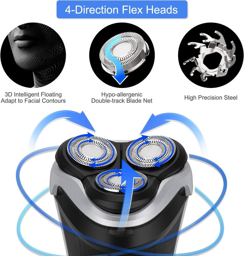 MAX-T Men's Electric Shaver - Corded and Cordless Rechargeable 3D Rotary Shaver Razor for Men with Pop-up Sideburn Trimmer Wet and Dry, IPX7 Waterproof, Plug & Play - Image 2