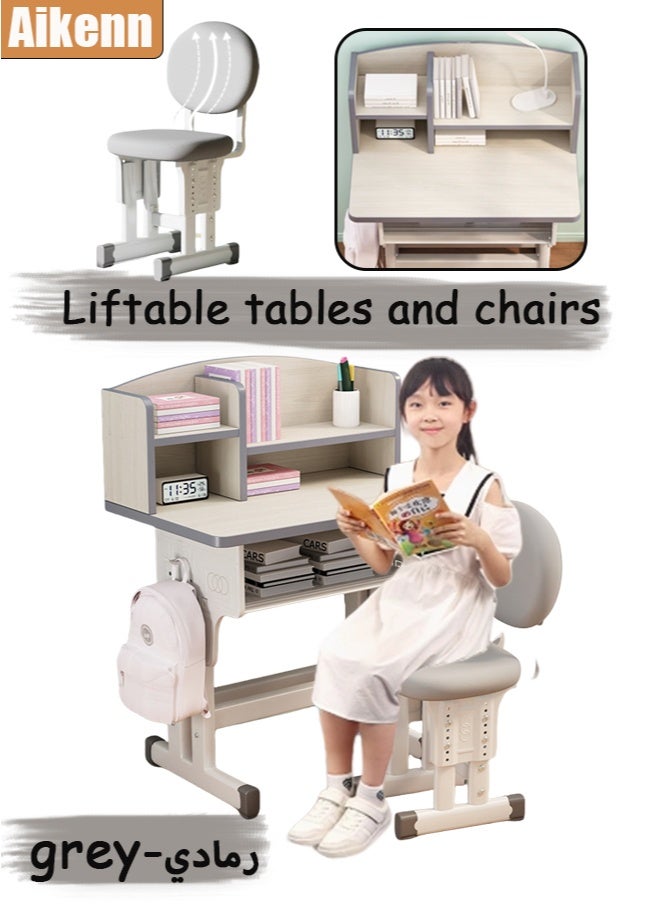 Aikenn Home Adjustable Height Kids Study Desk and Chair Set School Desks and Chairs with Desktop Storage Rack Backpack Hook Multifunctional School Student Writing Desk Study Table with Storage The Chair Has High-elastic Memory Foam Comfortable and Durable Wooden Tabletop without Reflection Protect Your Child's Eyes Suitable for Children and Teenagers aged 3-18 (Wood color） - Image 1