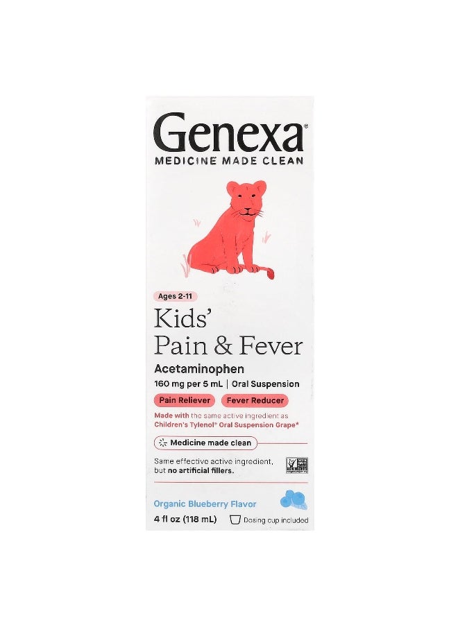 Genexa Genexa, Kids' Pain & Fever, Ages 2-11, Organic Blueberry, 160 mg, 4 fl oz (118 ml) 