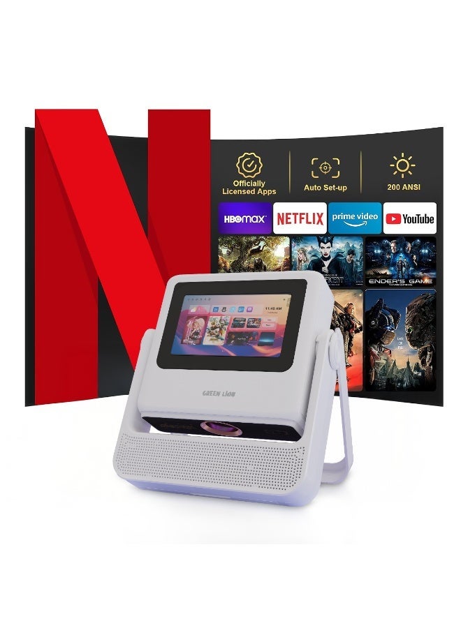 GREEN LION Orion 2 64W Smart Projector with Android 12, Dual Band Wi Fi, Built in Touch Screen & Stereo Speaker, 4k Support, HDMI Port, UK Plug 1.5m Cable, 1.3-10m Projection Distance, Auto Focus & Keystone Correction, ARM Cortex CPU - White - Image 1