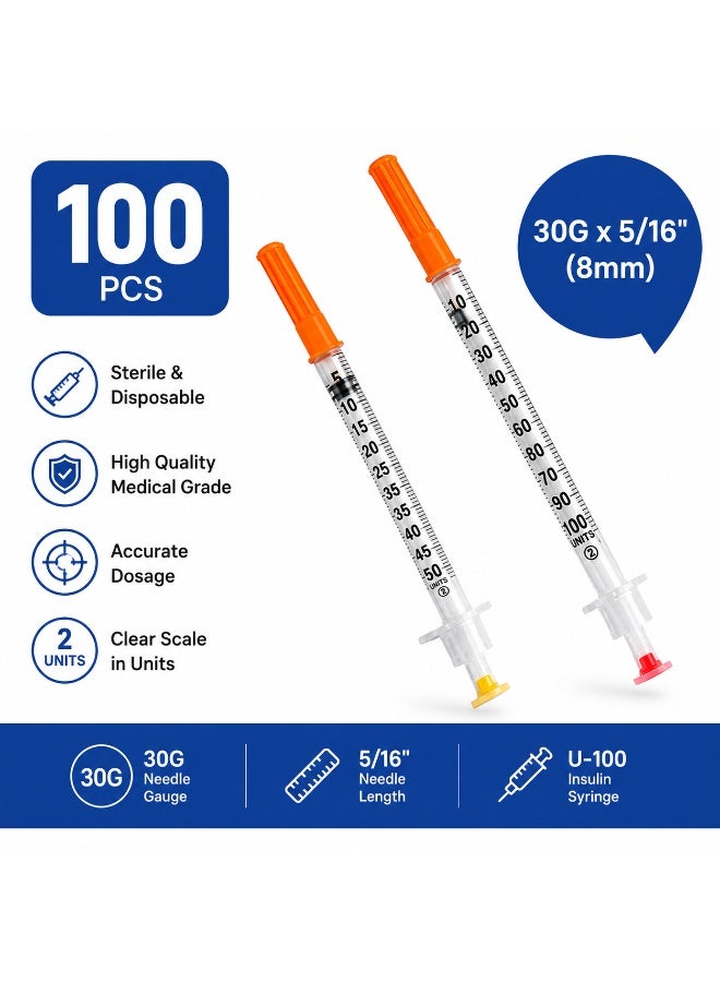 محقنة أنسولين U-100 سعة 0.5 مل، مقاس 30G × 8 مم | محاقن أنسولين معقمة للاستخدام مرة واحدة | 100 قطعة - Image 3