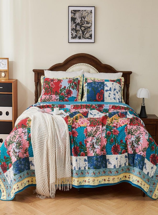 EVENHUG 100% Cotton Patchwork Quilt King Size Set Lightweight Floral King Quilts Bedding Set Bedspread Coverlet Reversible Bed Cover with Pillow Shams for All Seasons 3 Pieces (106"X96") - Image 3