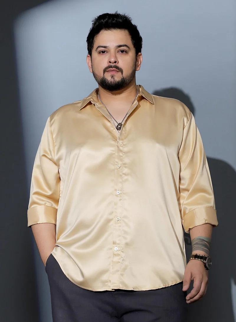 Instafab Plus Instafab Plus Men Solid-Satin Regular Shirt | Spread Collar , Long Cuffed Sleeves | Button Closure , Curved Hem | Solid Plain Material | Woven Fabric For Party & Evening Wear | Buff Beige