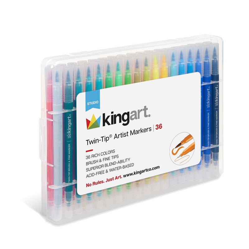 KINGART Dual Tip Brush Markers Art Pen Set Artist Fine and Brush Tip Colored Pens for Drawing Lettering Calligraphy Journaling Bible Crafts Set of 36 Bright Colors in Travel Storage Case