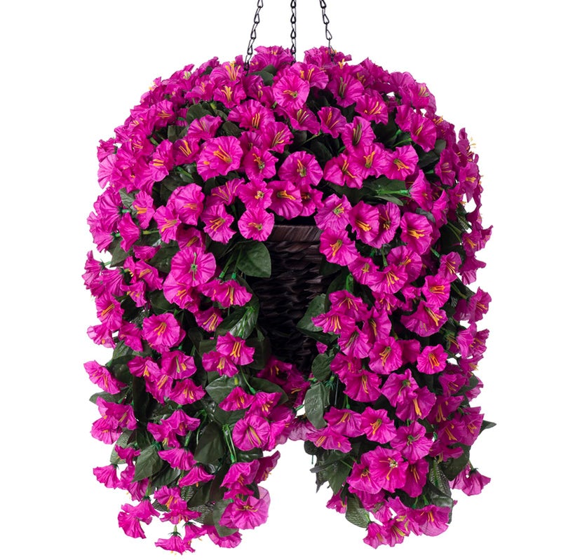 HyeFlora Artificial Fake Hanging Flowers Plants Baskets for Outdoor Outside Decoration, Faux Silk UV Resistant Realistic Fuchsia Morning Glory Planter for Home Porch Patio Balcony Garden Yard - Image 1