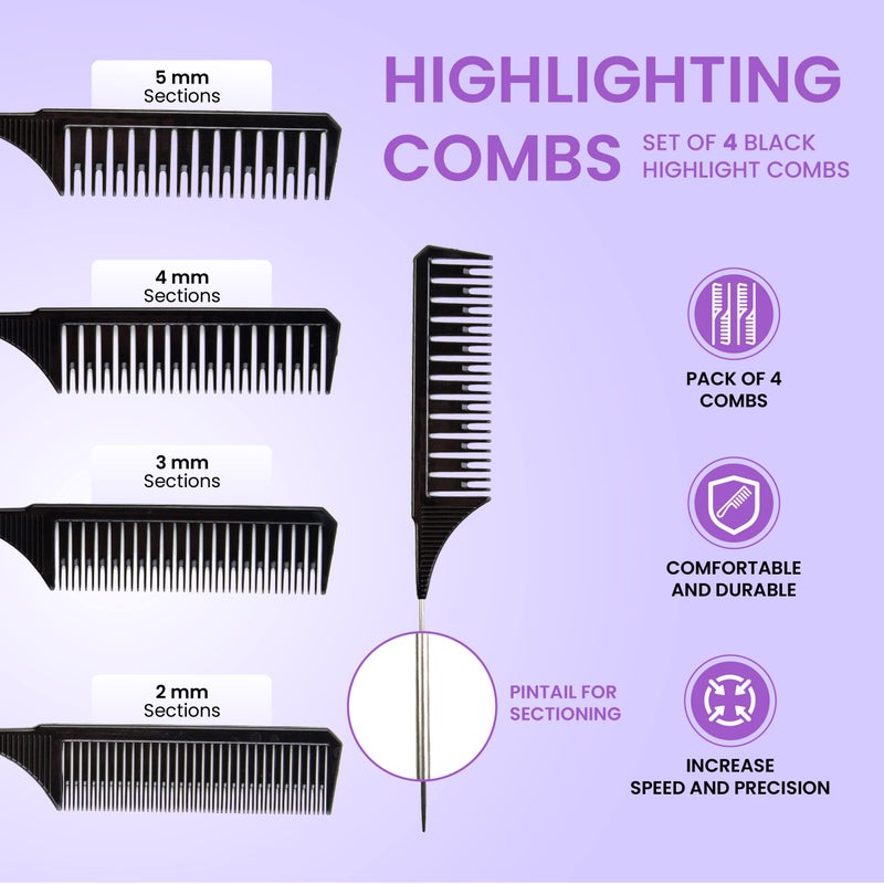 Salon Supply Co Salon Highlighting Combs Set - 4 Black Pin Tail Weaving Combs for Precise Foiling and Sectioning - Image 2