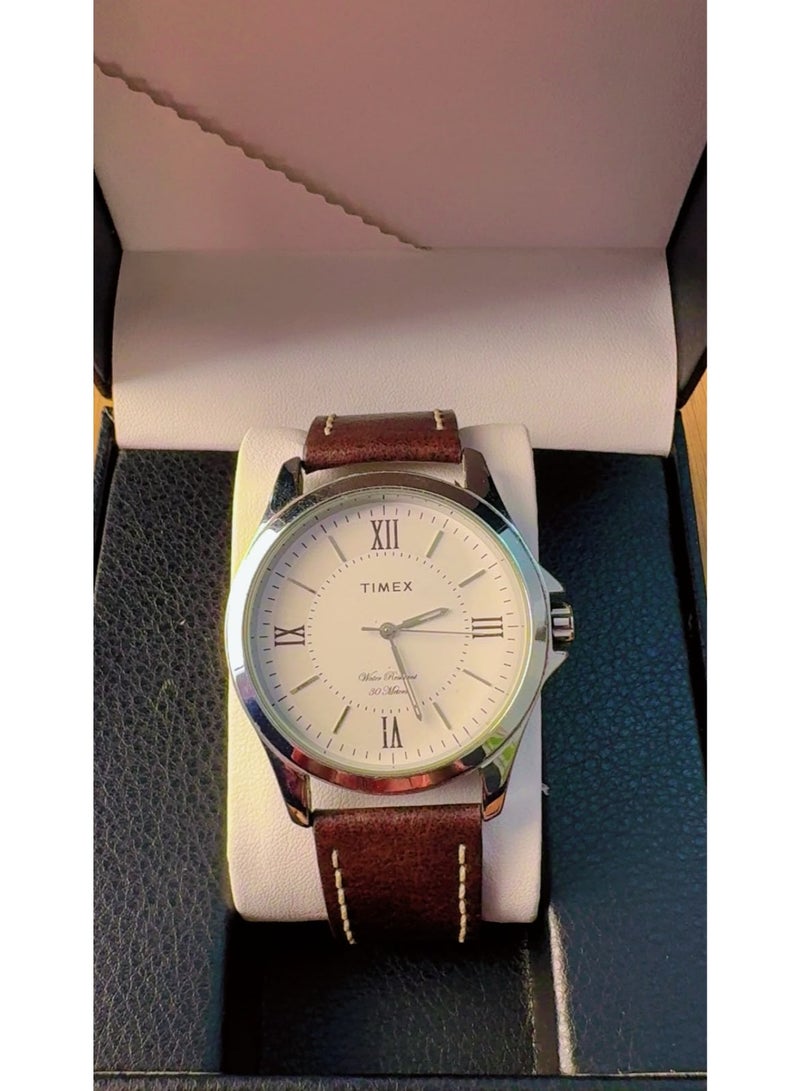Timex Men's Classic Analog Quartz Watch - White Dial with Roman Numerals, Brown Stitched Leather Strap & Stainless Steel Back (30M Water Resistant) - Pre-Owned (Like Brand New Condition) - Image 1